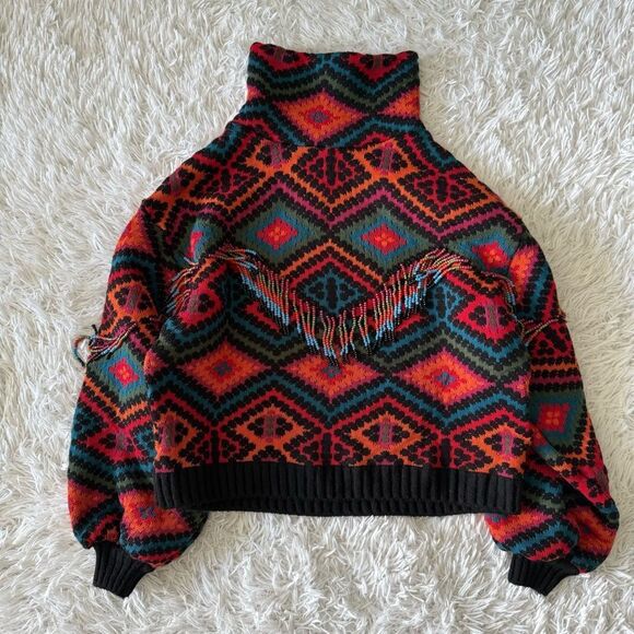 Farm Rio Rauti Multicolored Turtleneck Sweater with Beaded Fringe Size M - Picture 6 of 11